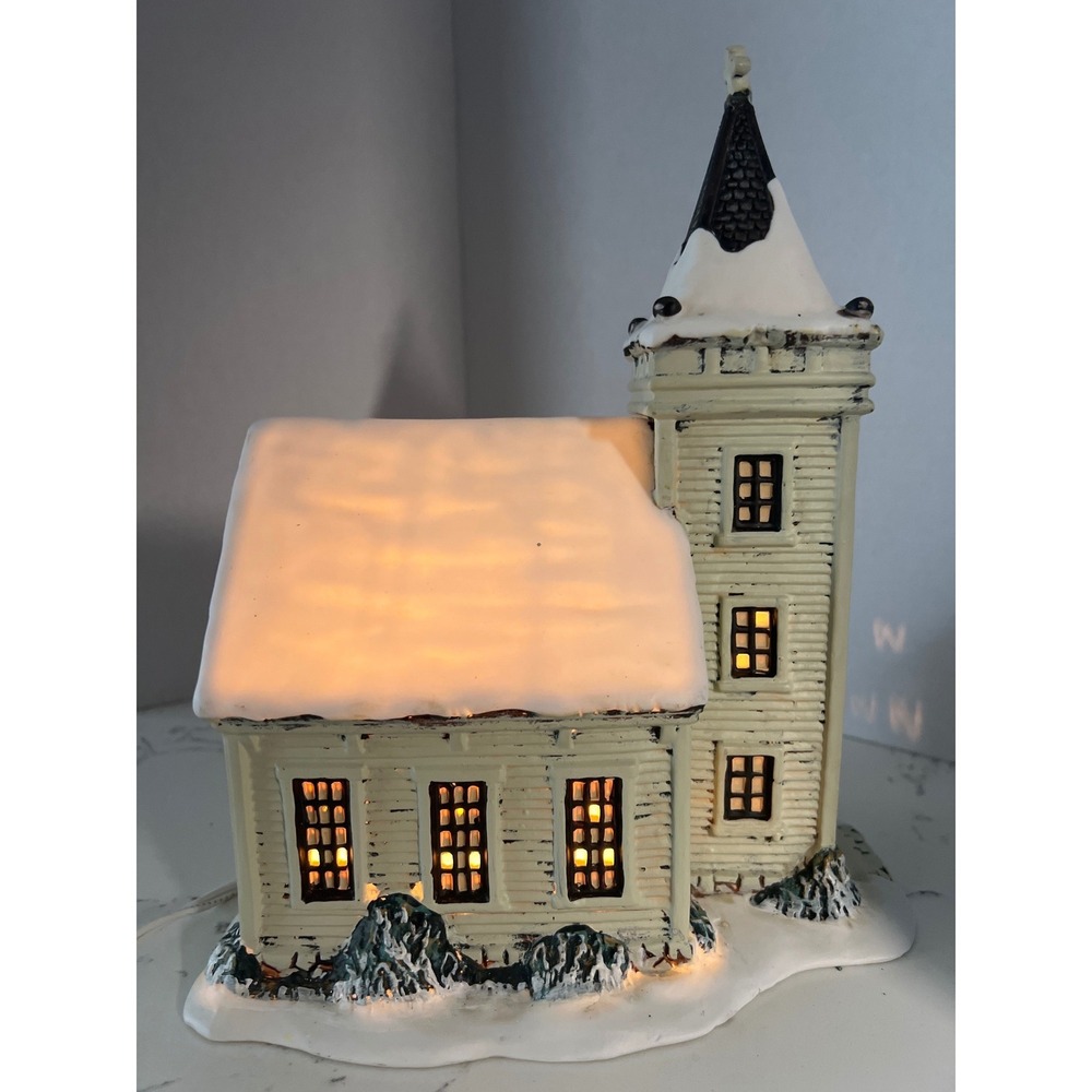 Vintage Style Lighted Christmas Village Church Snow‎ Covered Winter Decor White